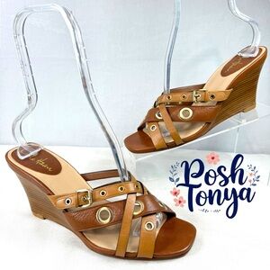 Cole Haan Air Whitney Wedge Sandals Brown Leather Strappy Comfort Chic, Sz 9